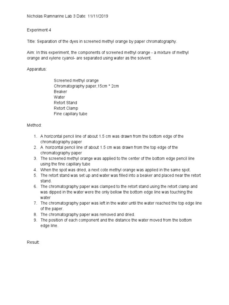 Separation and Identification of Dyes in Screened Methyl Orange using