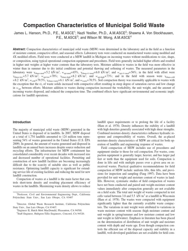 Compaction Characteristics of Municipal Solid Waste PDF Landfill