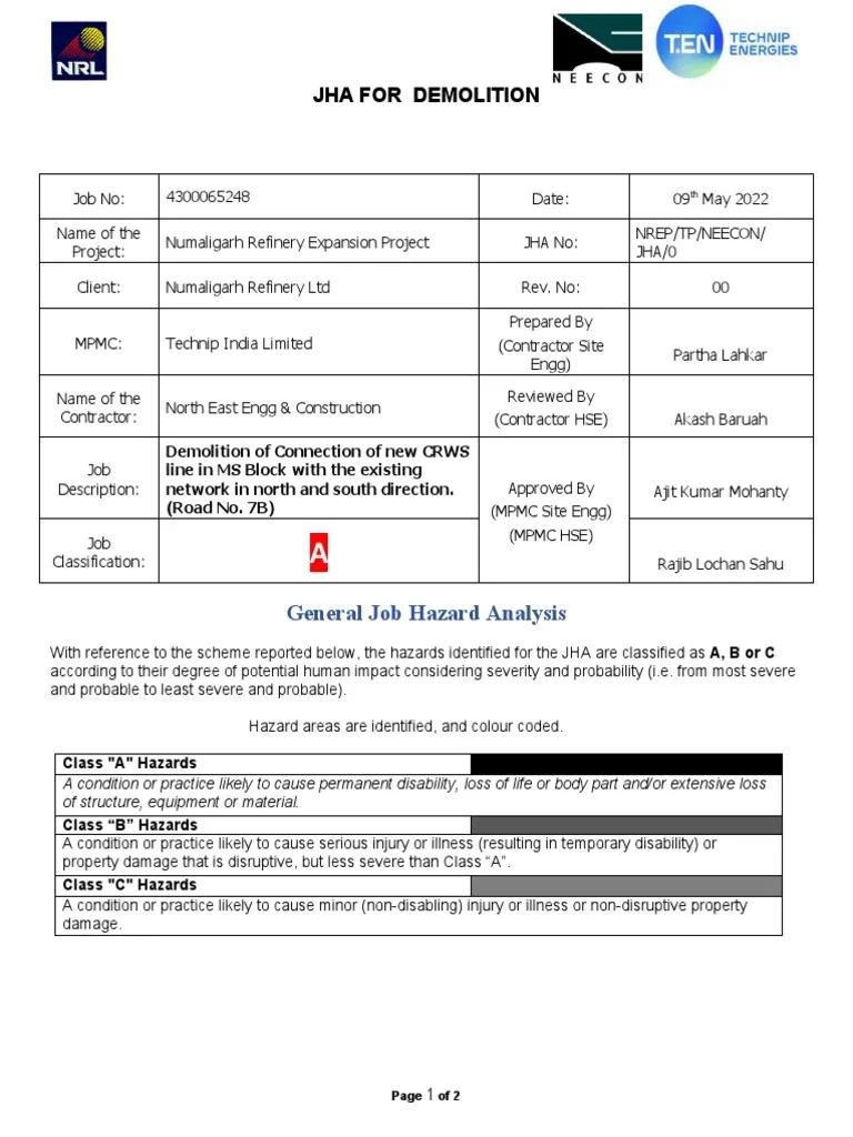 Demolition JHA for CRWS Line Removal PDF Demolition Hazards