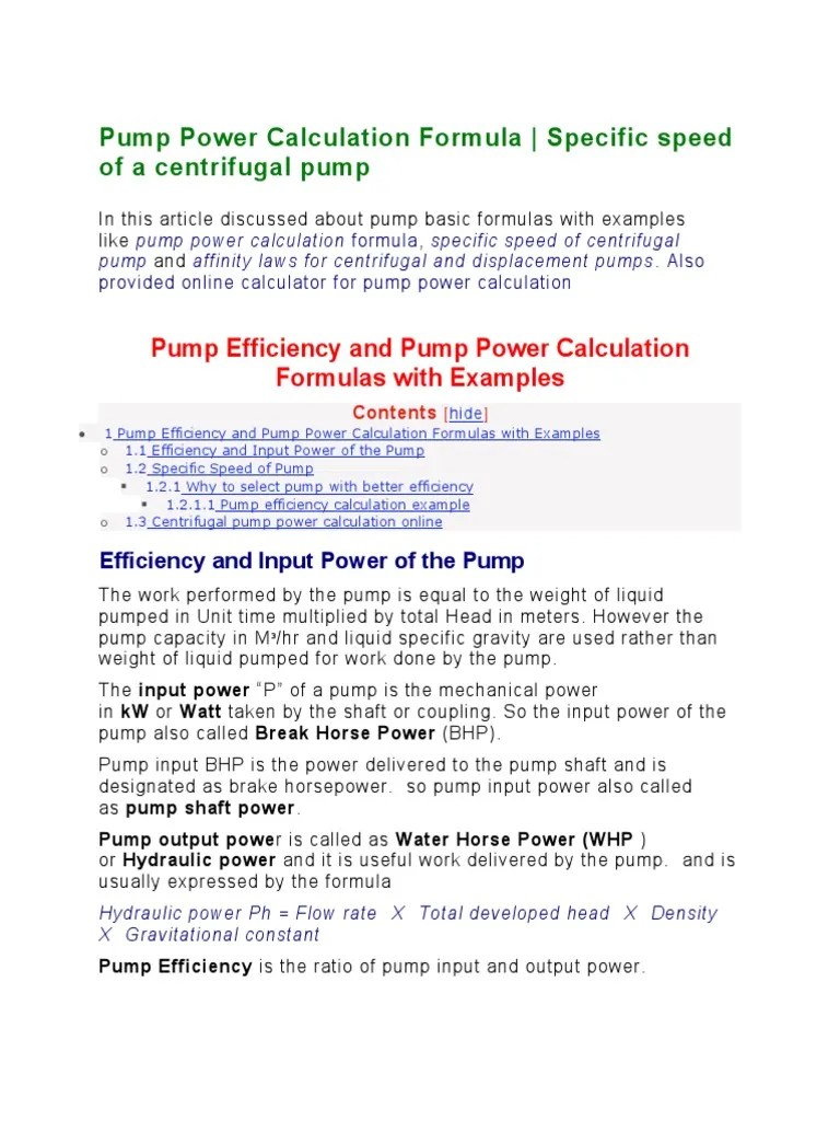 Pump Power Calculation Formula PDF Pump Horsepower