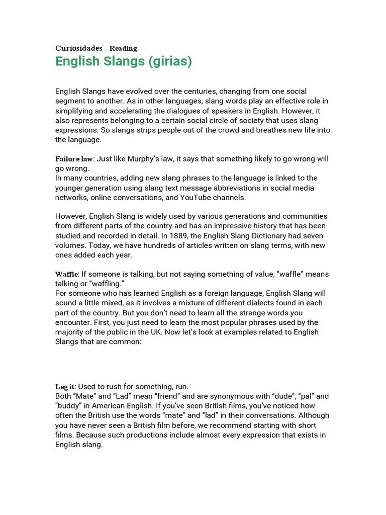 Curiosidades Slangs Download Free PDF English Language Slang