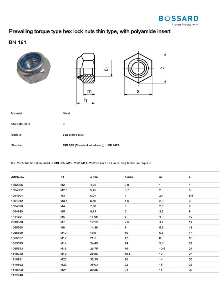 Technical specifications for prevailing torque type hex lock nuts with polyamide inserts in