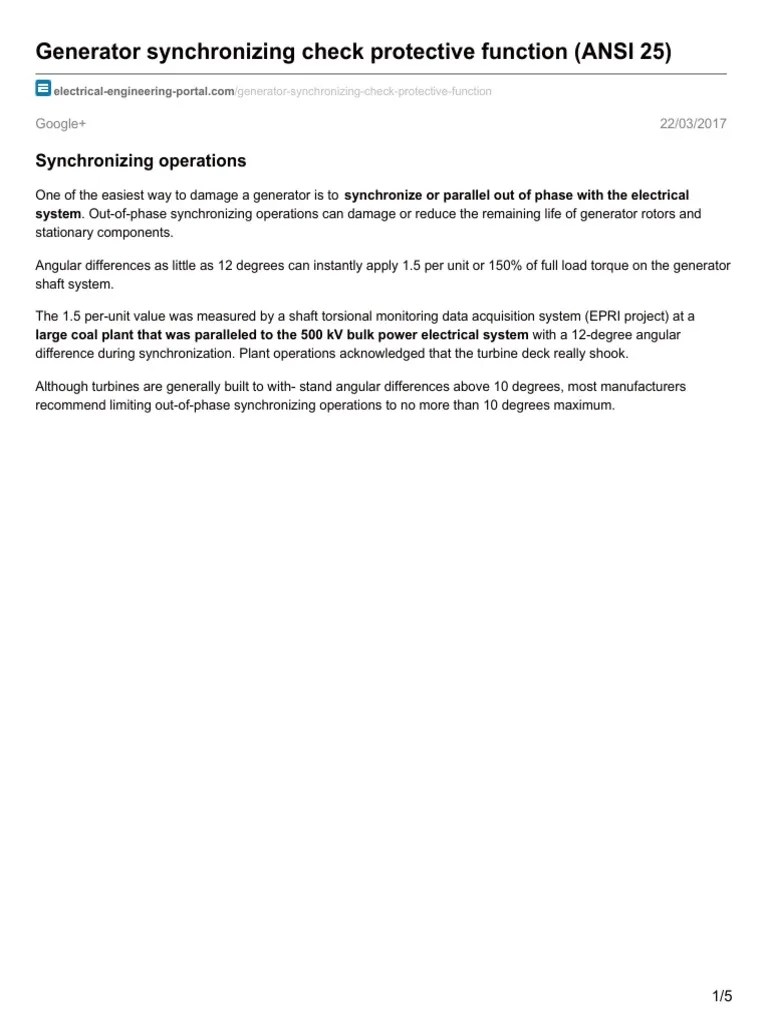 Generator Synchronizing Check Protective Function ANSI 25 PDF Relay