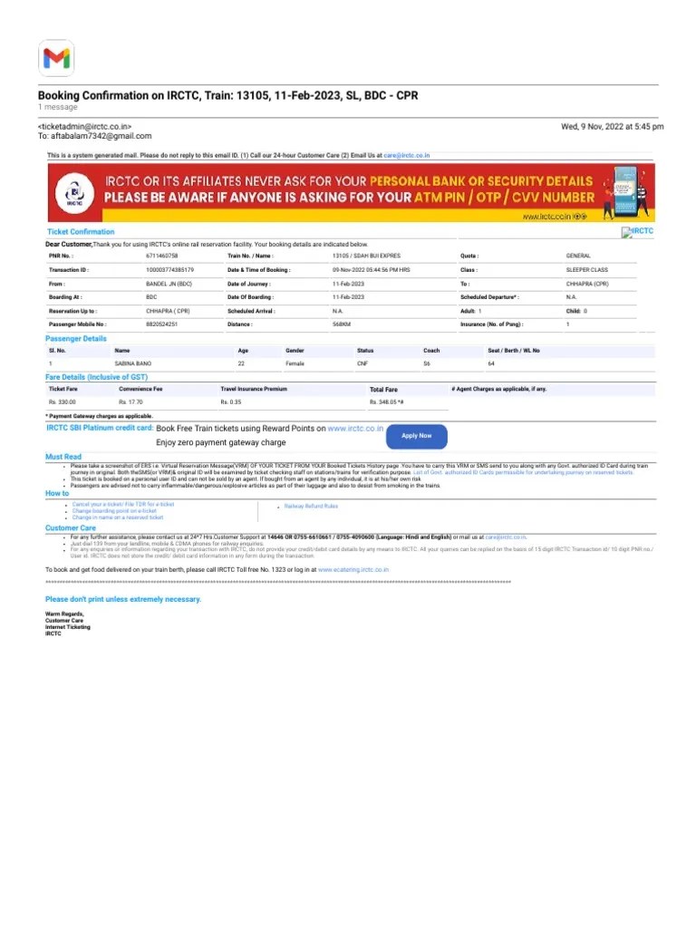 Gmail Booking Confirmation On IRCTC, Train 13105, 11Feb2023, SL