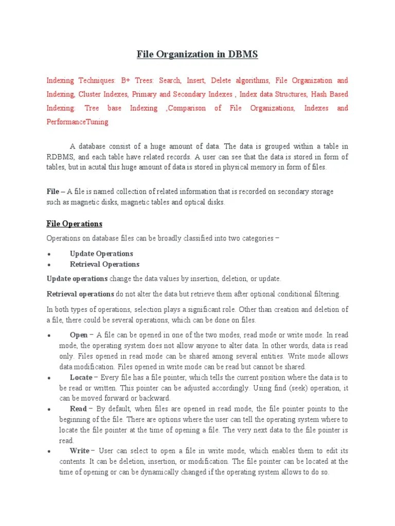 UNIT 5 File Organization in DBMS PDF Database Index Information