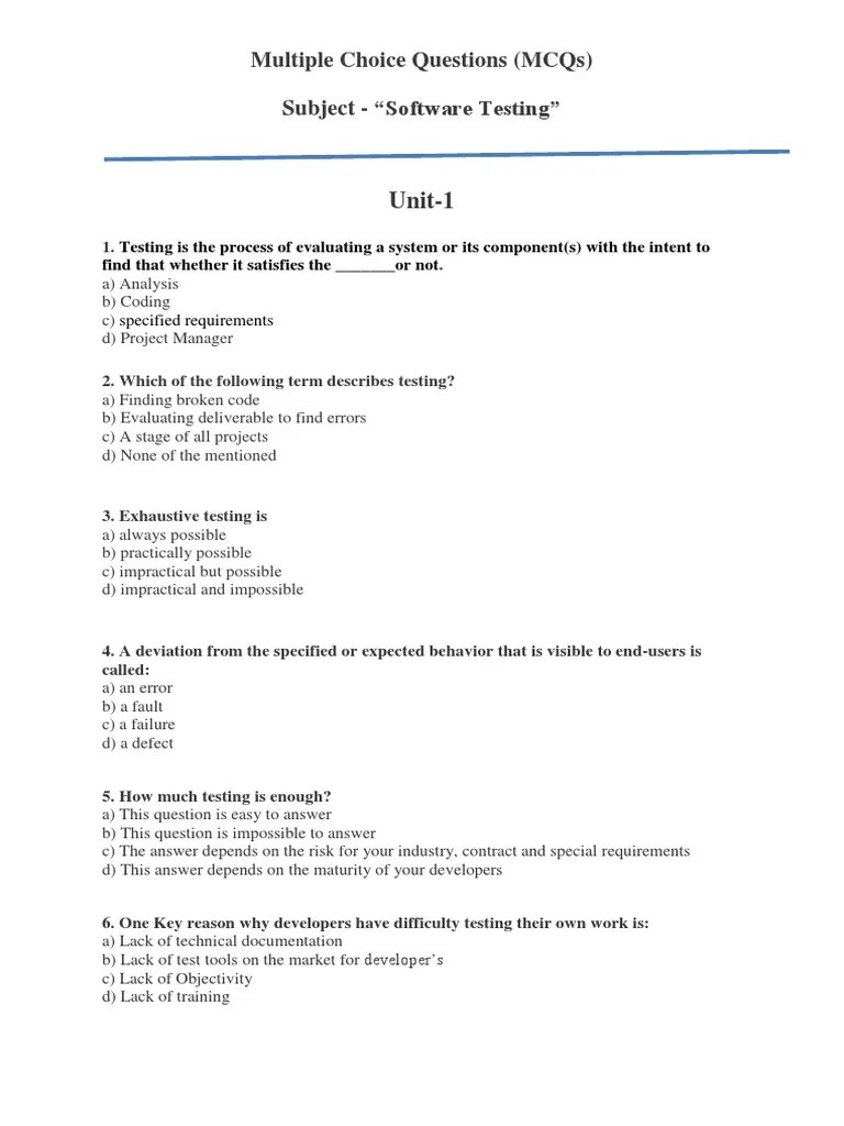 Software Testing MCQ Unit 1 PDF Software Testing Computing