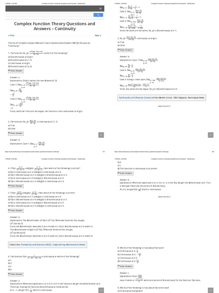 Complex Function Continuity Questions and Answers Sanfoundry PDF