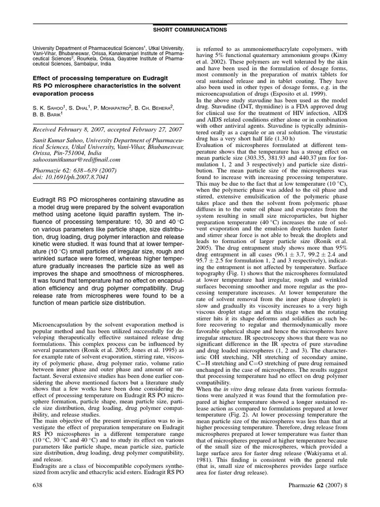 Effect of Processing Temperature On Eudragit Rs Po Microsphere Characteristic in Solvent
