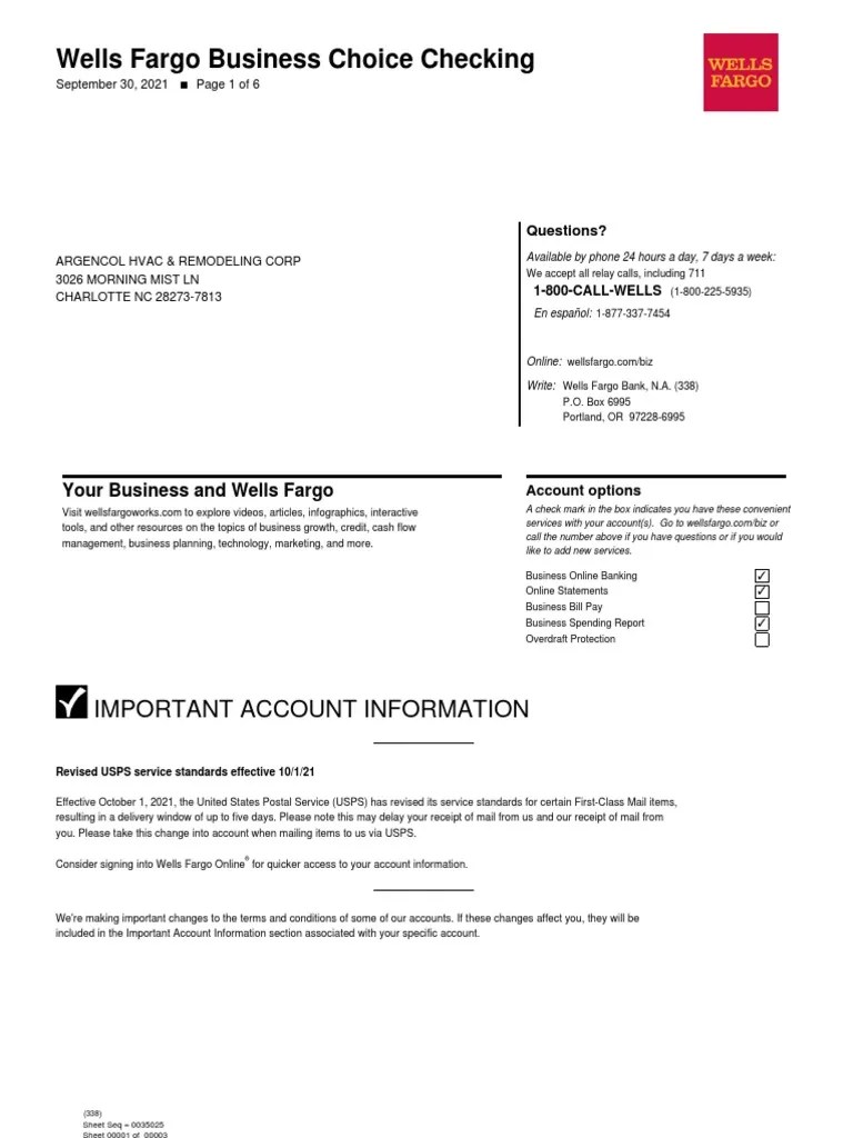 Wells Fargo Statement Sept 2021 PDF Fee Transaction Account