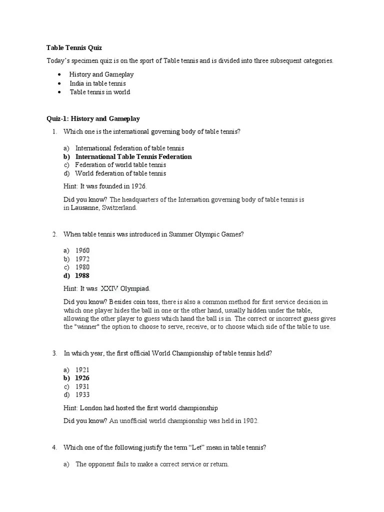 Table Tennis Quiz PDF Table Tennis International Sports Competitions