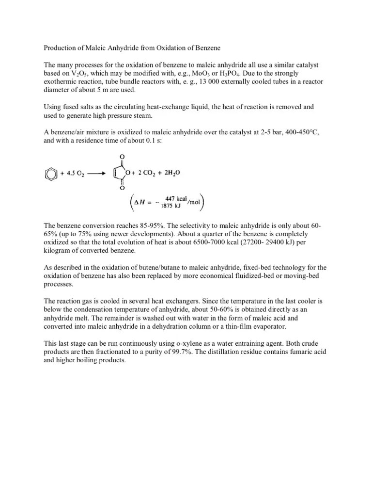 Production of Maleic Anhydride From Oxidation of Benzene