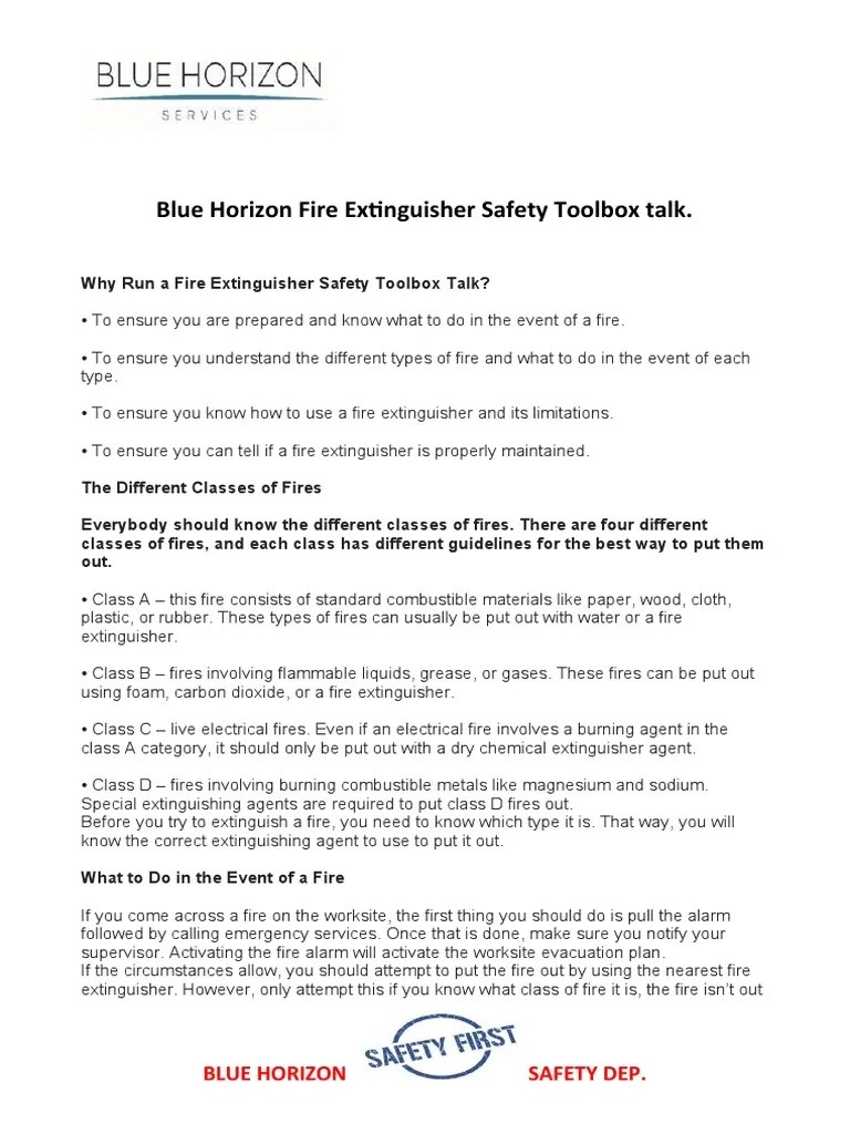 Blue Horizon Fire Extinguisher Safety Toolbox Talk PDF Fires