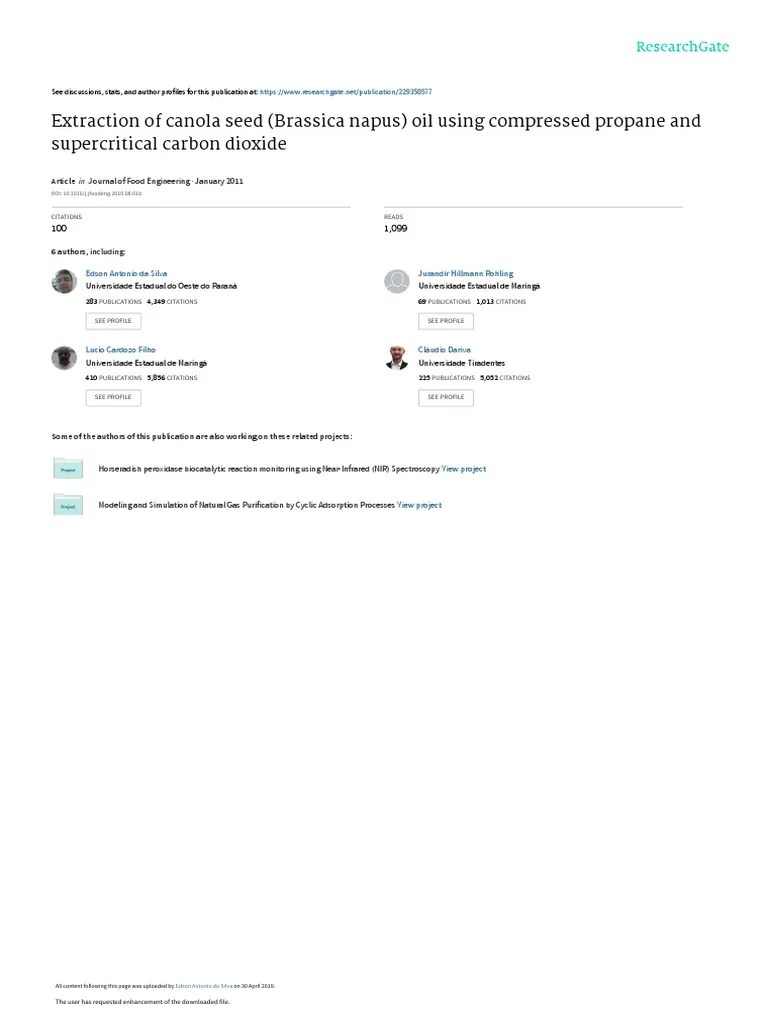 Extraction of Canola Seed (Brassica Napus) Oil Using Compressed Propane