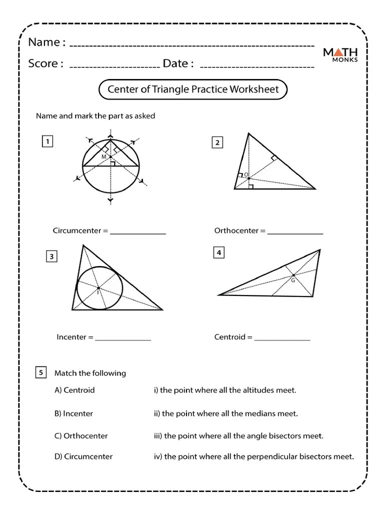 Centers of Triangles Circumcenter and Incenter Worksheet PDF