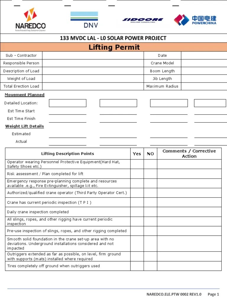 Lifting Permit PDF Crane (Machine) Safety