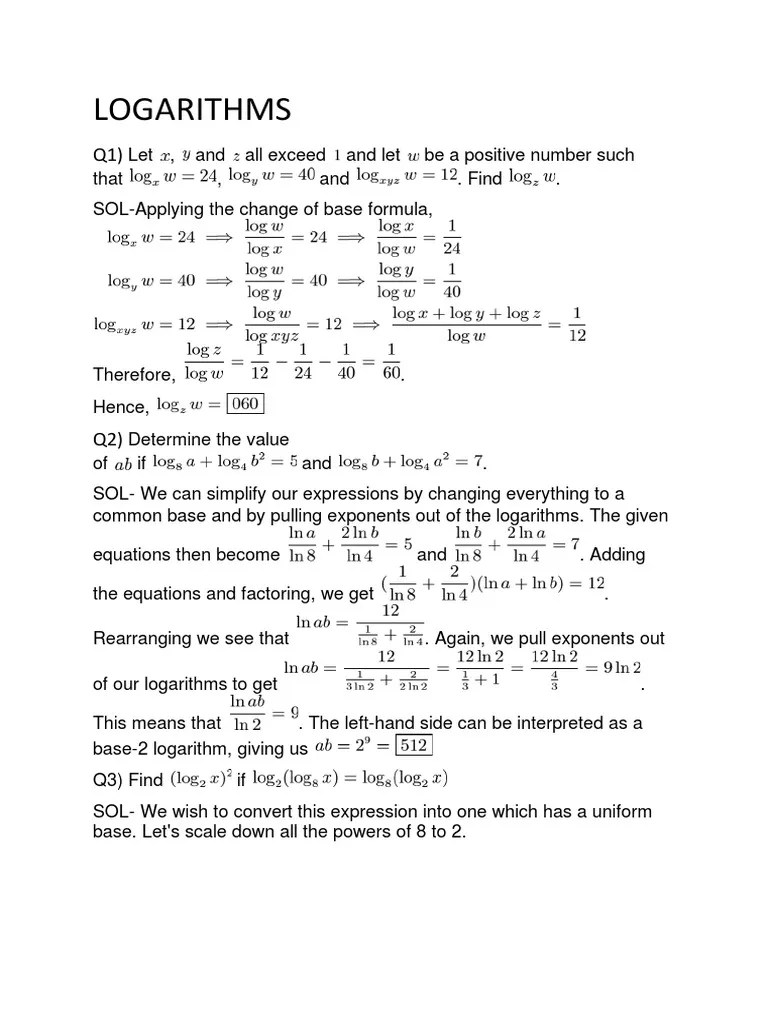 LOGARITHMS PDF Logarithm Equations