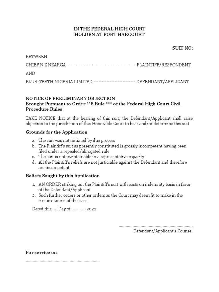 Precedent Notice of Preliminary Objection Sample 1 PDF