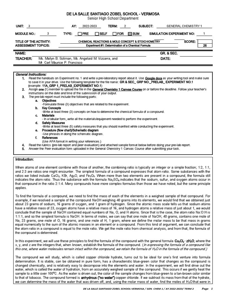 Determination of the Chemical Formula of Copper Chloride Hydrate