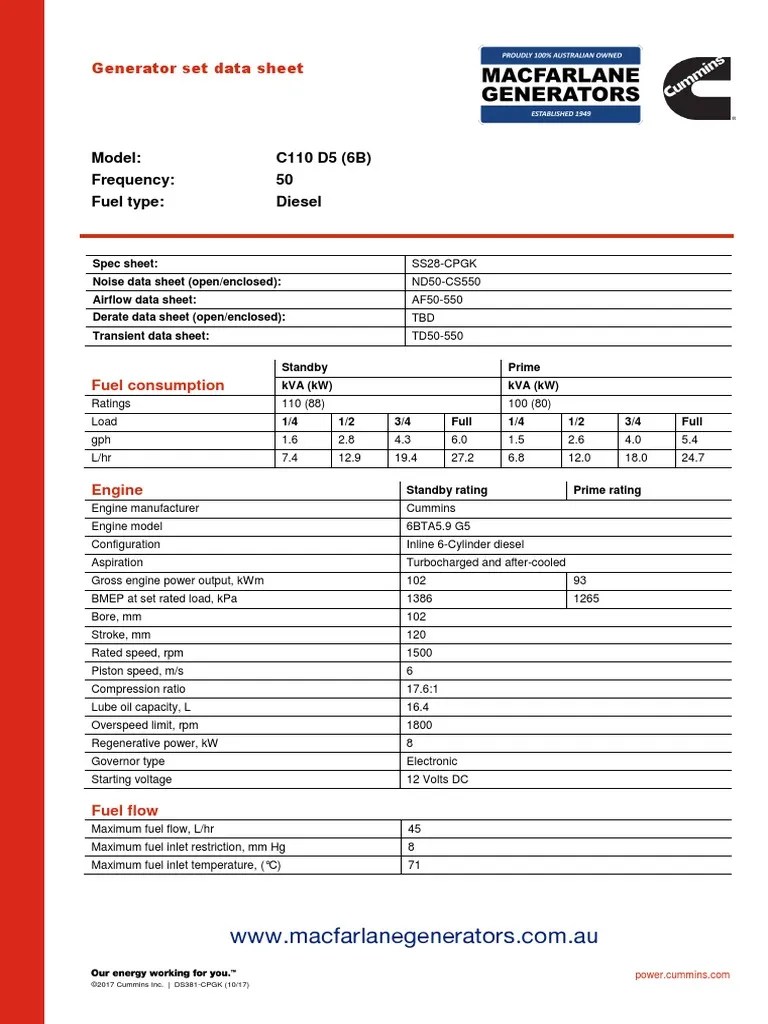 Cummins C110D5 Data Sheet Macfarlane Generators PDF Diesel Engine