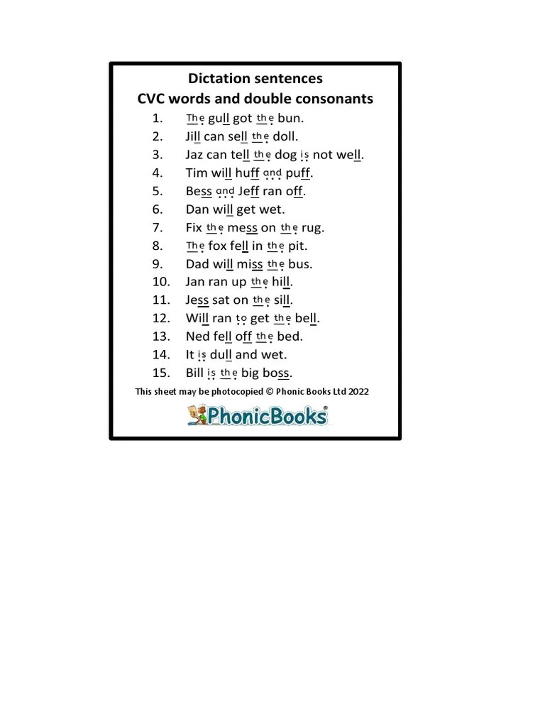 Dictation CVC Sentences Double Consonants PDF