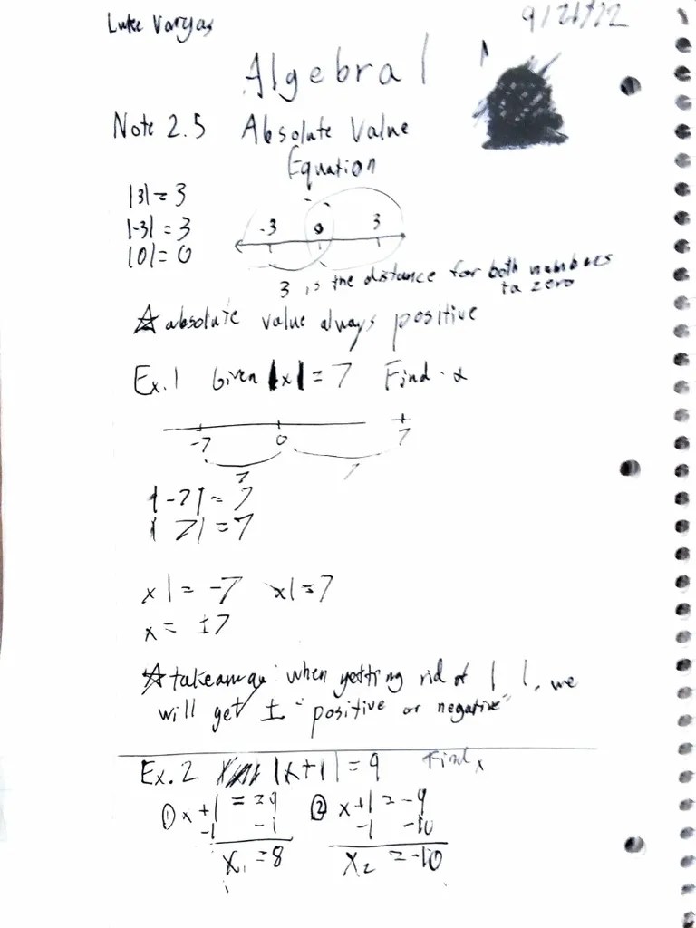 Algebra 1 Absolute Value Equation Notes PDF