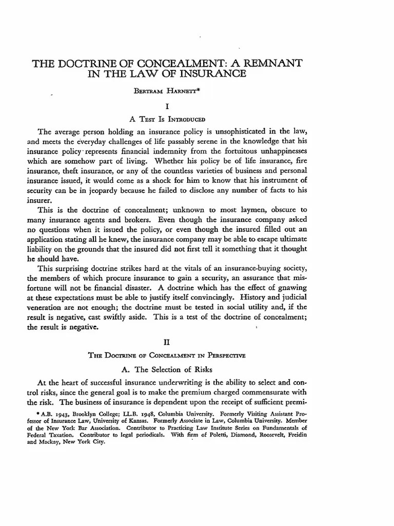 The Doctrine of Concealment A Remnant in The Law of Insurance PDF
