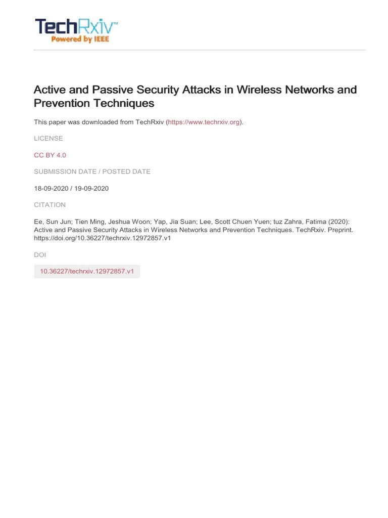 Active and Passive Security Attacks in Wireless Networks and Prevention