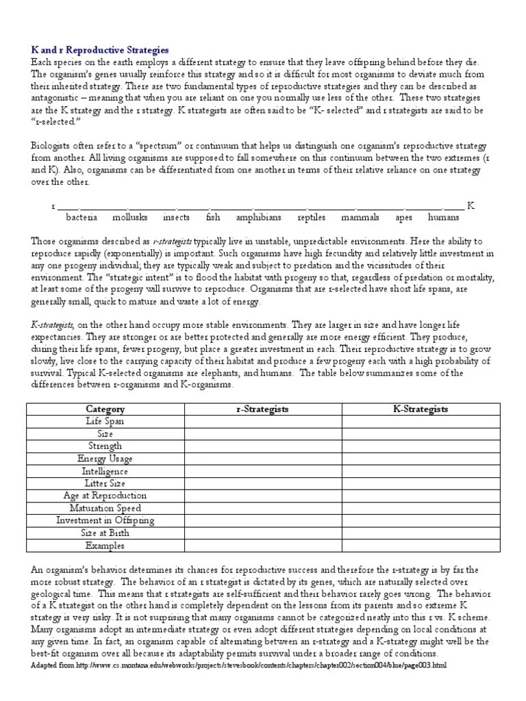 K and R Reproductive Strategies PDF PDF Reproduction Organisms