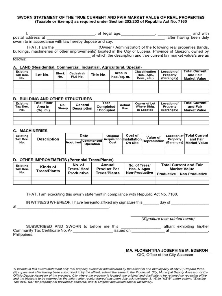 Sworn Statement of The True Current and Fair Market Value of Real