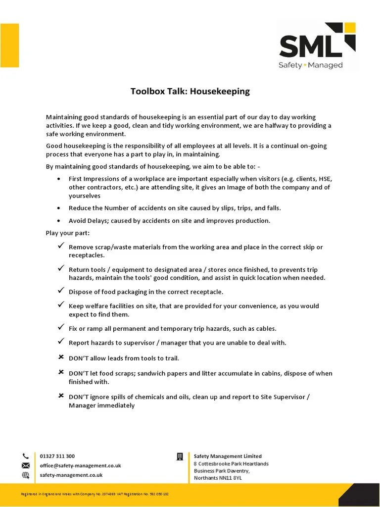 Toolbox Talk Housekeeping PDF Housekeeping Occupational Safety