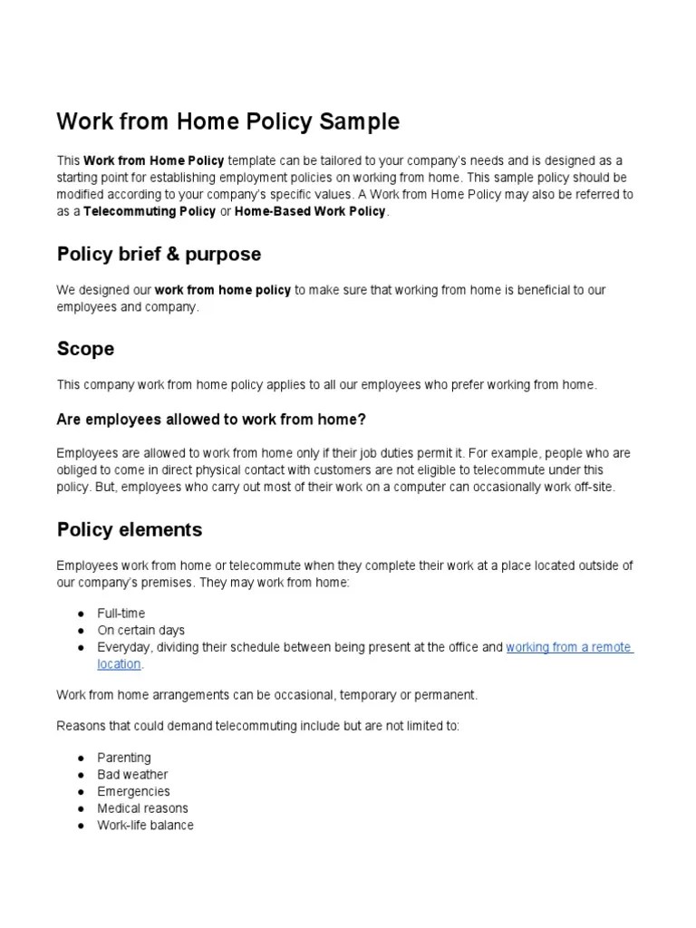 Work From Home Policy Sample PDF Employment Labor