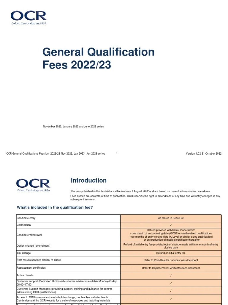 Qualification Fees General Qualifications 2022 23 PDF Design Fee