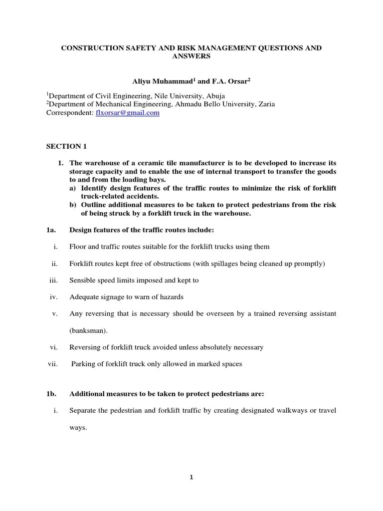 Construction Safety and Risk Management Questions and Answers PDF Forklift Ac Power Plugs