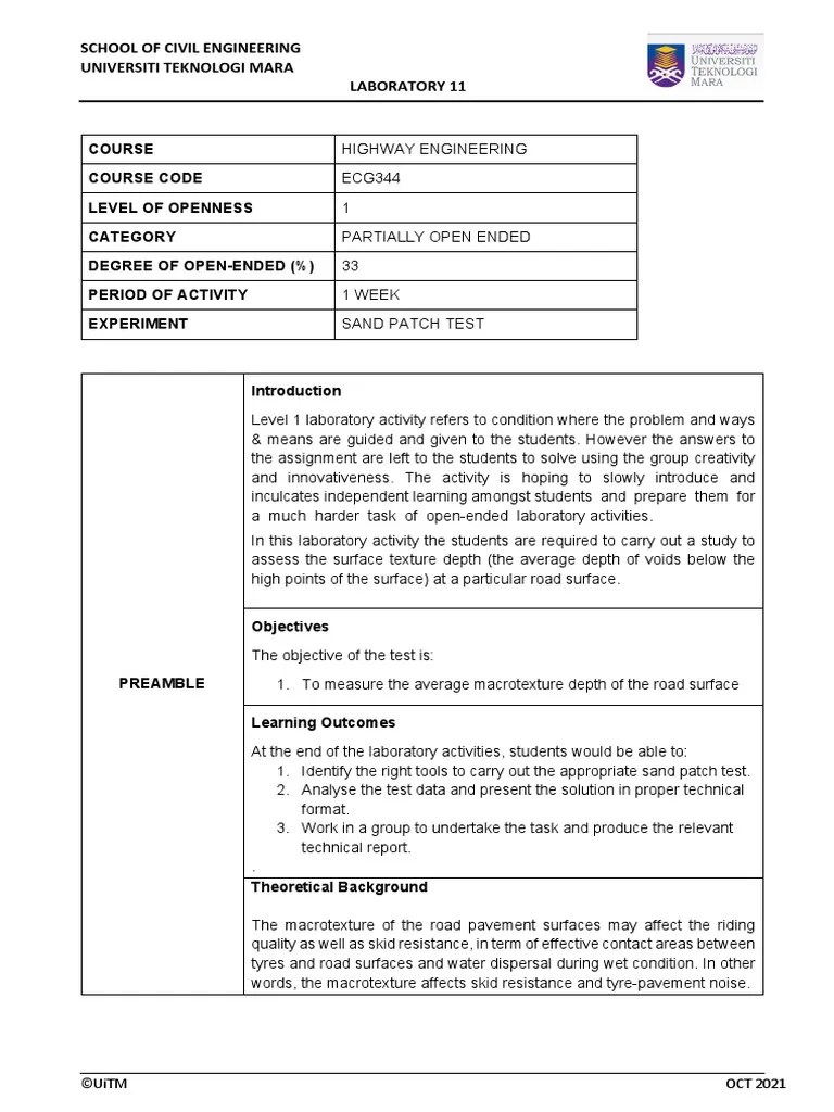 LAB 11 Sand Patch Method OEL 1 PDF Road Sand