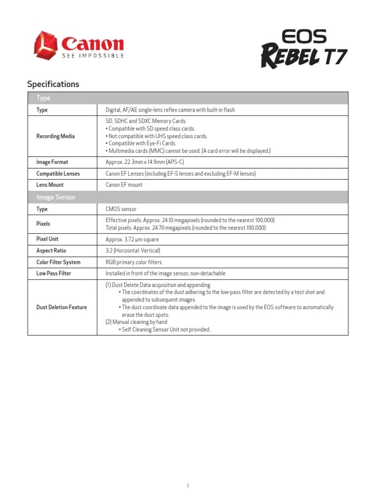 Canon Eos Rebel t7 Specifications Chart | PDF | Autofocus | Exposure