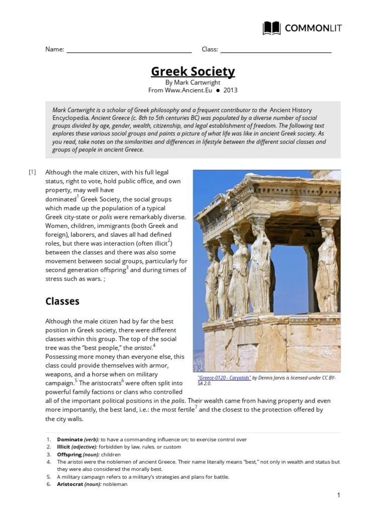 Greek Society Reading4 PDF Ancient Greece Citizenship