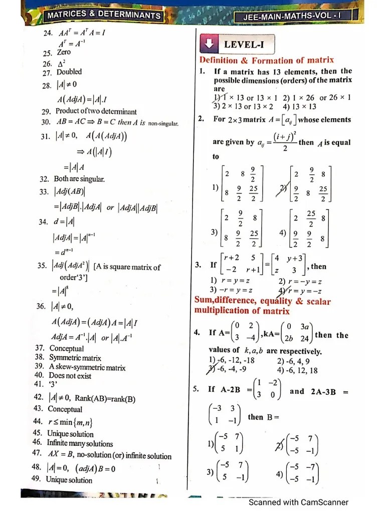 Matrix and Determinants Objectives PDF