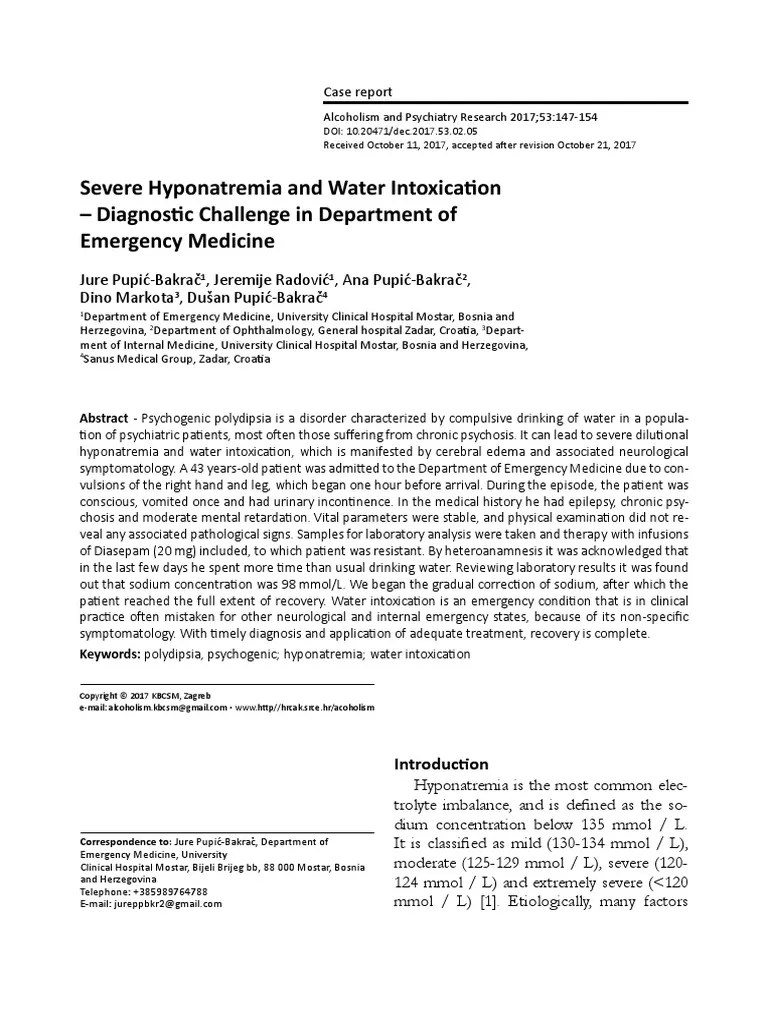 Severe Hyponatremia and Water Intoxication Diagnostic Challenge in Department of Emergency