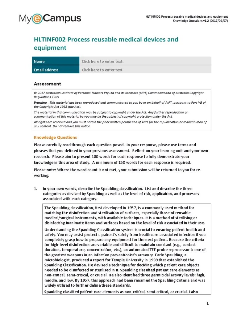 HLTINF002Knowledge Questions PDF Sterilization (Microbiology) Waste