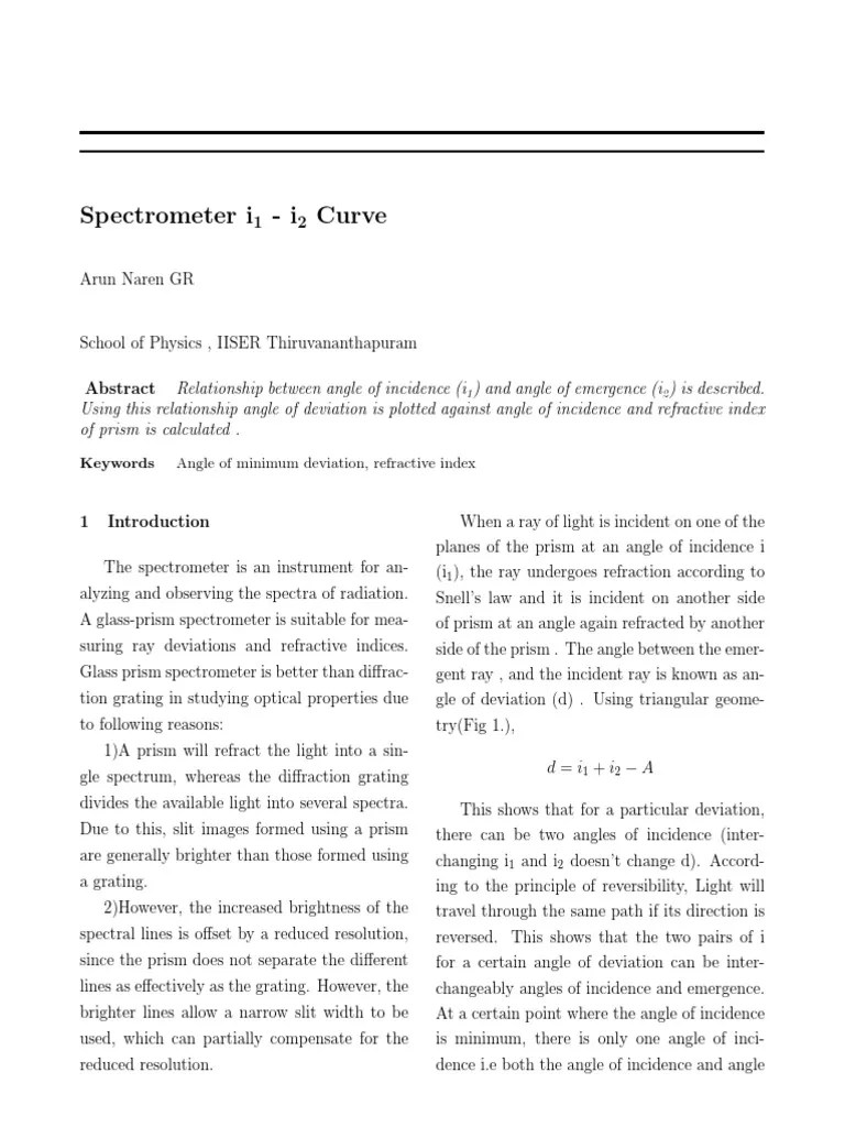 Spectrometer I I Curve XX PDF Refraction Refractive Index