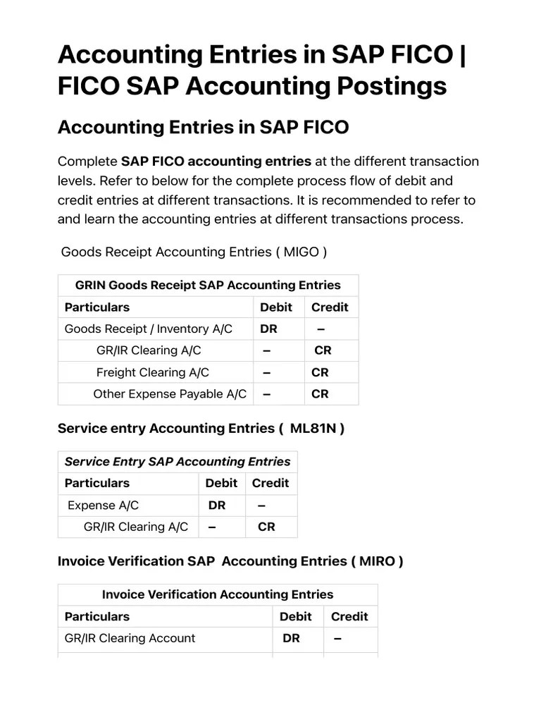 Accounting Entries in SAP FICO PDF Debits And Credits Accounts