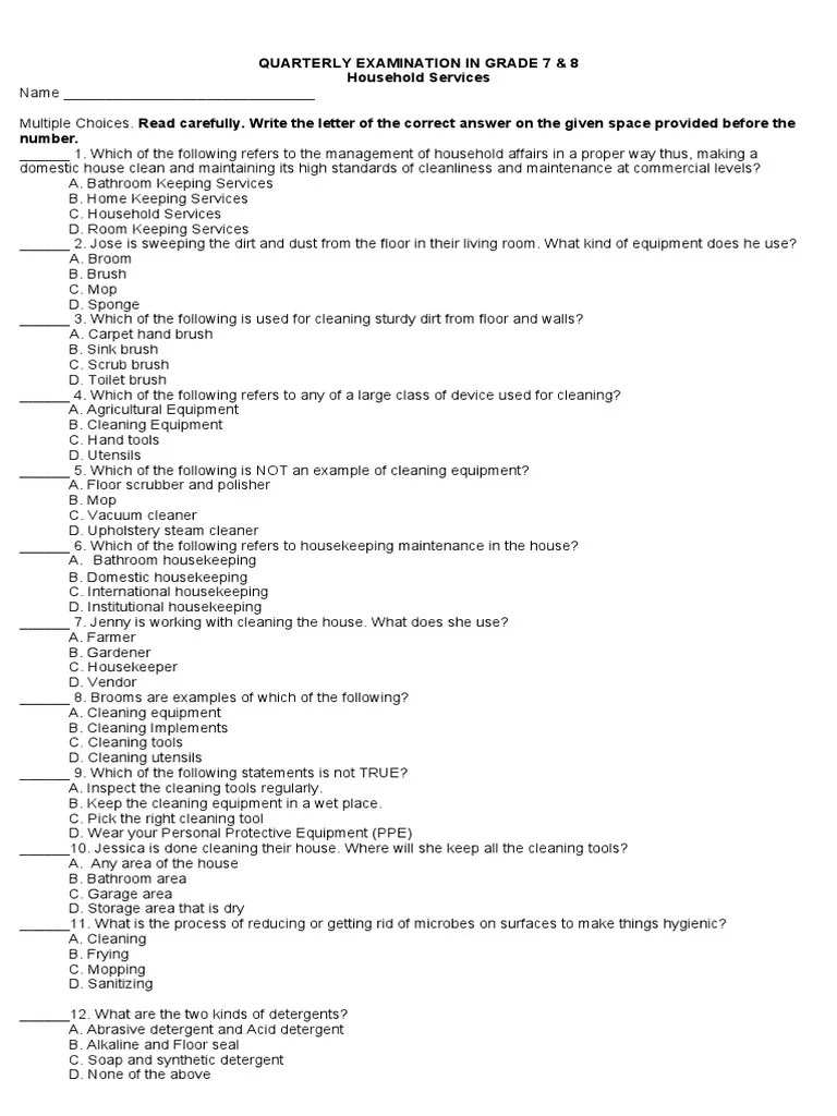 PreTest in Household Services 7 8 PDF Housekeeping