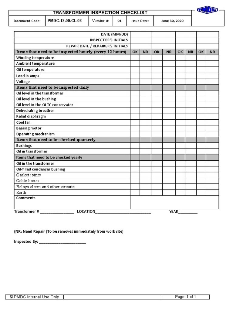 Transformer Inspection Checklist PDF