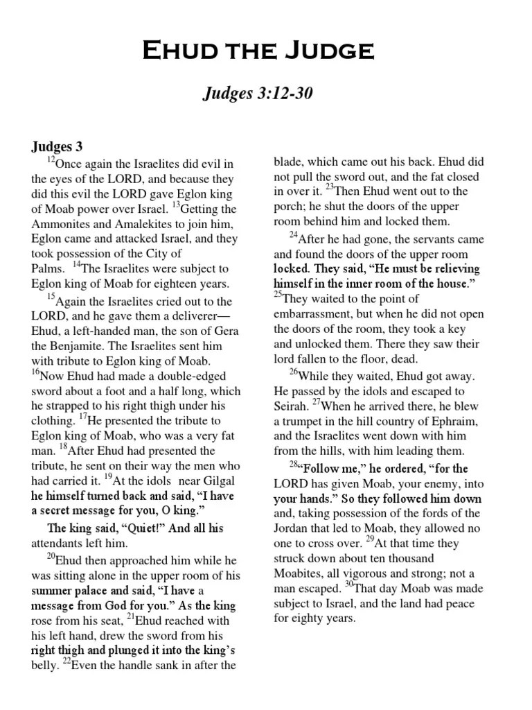 Lesson 70 Ehud The Judge Worksheets PDF Torah Books Of The Hebrew Bible