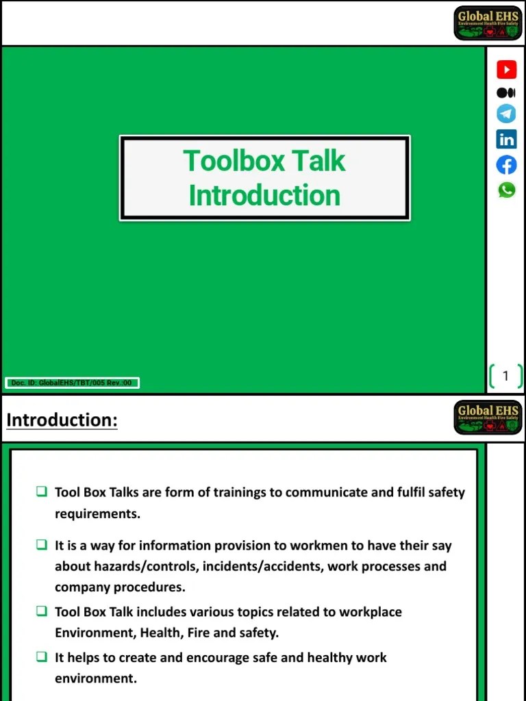 Introduction of Tool Box Talk Rev 01 Global EHS TBT 001 PDF Safety