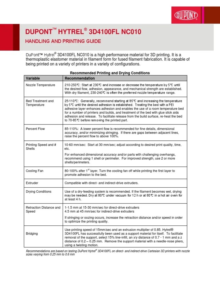 Dupont Hytrel 3d4100fl nc010 Printing Guidelines PDF Extrusion