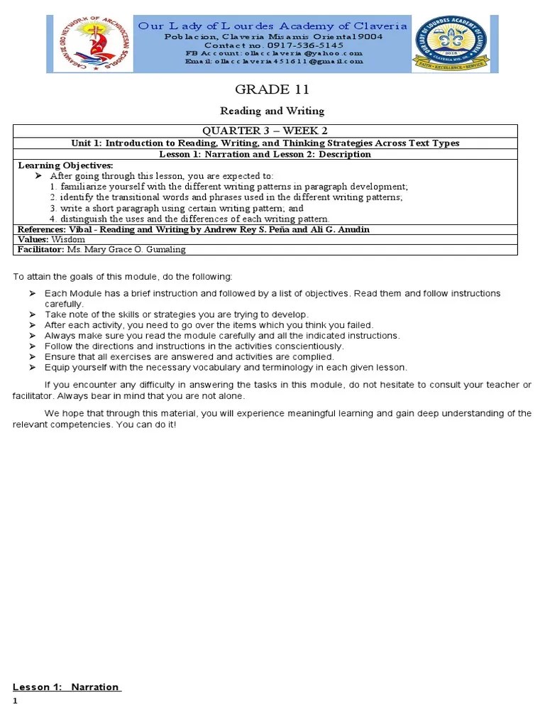 GRADE 11 Module Week 1 Reading and Writing PDF Linguistics