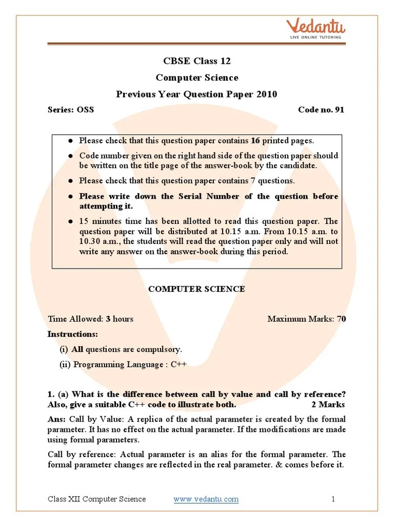 CBSE Class 12 Computer Science Question Paper 2010 With Solutions PDF