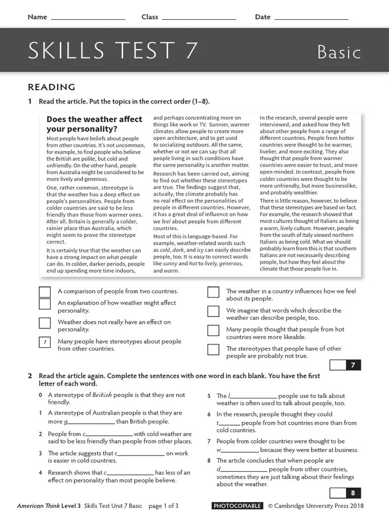 Amthink L3 Skills Test Basic Unit 07 PDF Stereotypes Cognition