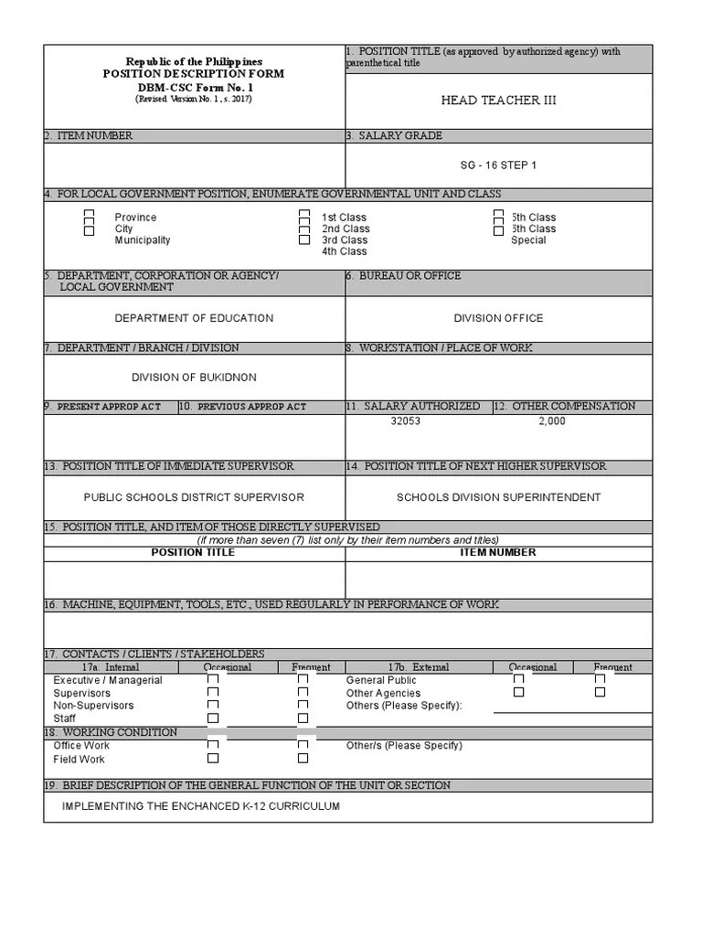 DBM CSC Form No. 1 Position Description Forms HT PDF Teachers